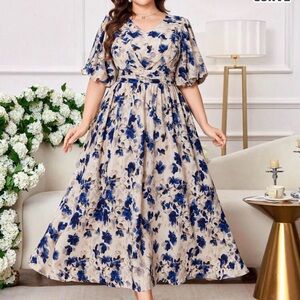 SHEIN Blue and Cream Floral Midi Dress